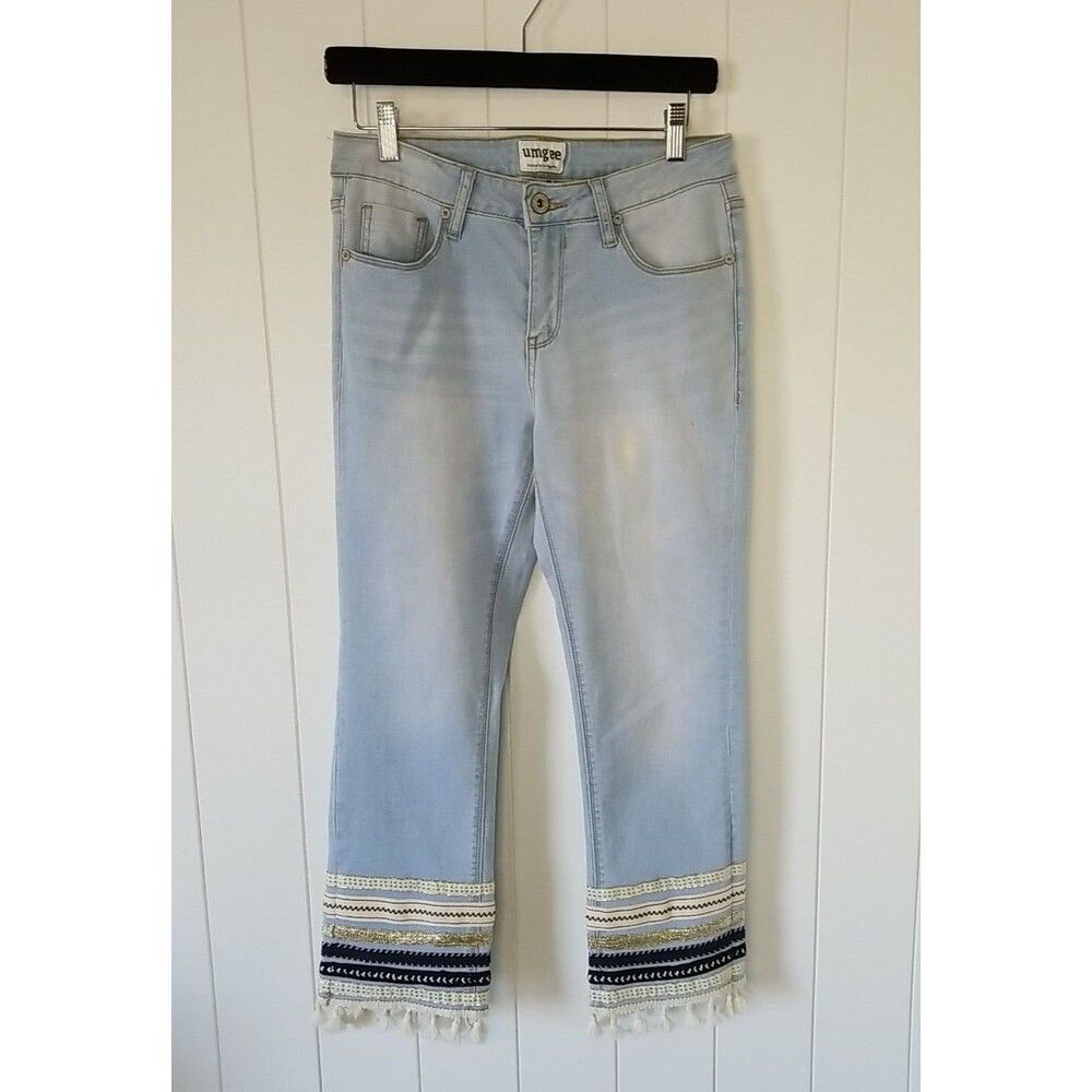Umgee Jeans Women's Size 26 Blue Cropped Boho Tasseled Denim Embellished